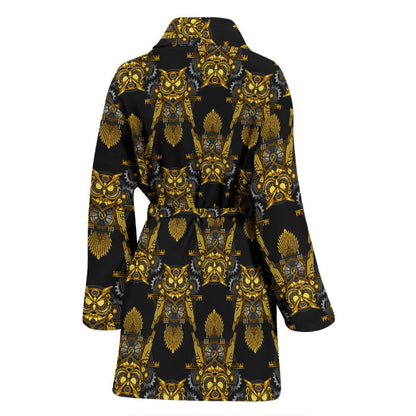 Steampunk Gold Owl Design Themed Print Women Bath Robe-JTAMIGO.COM