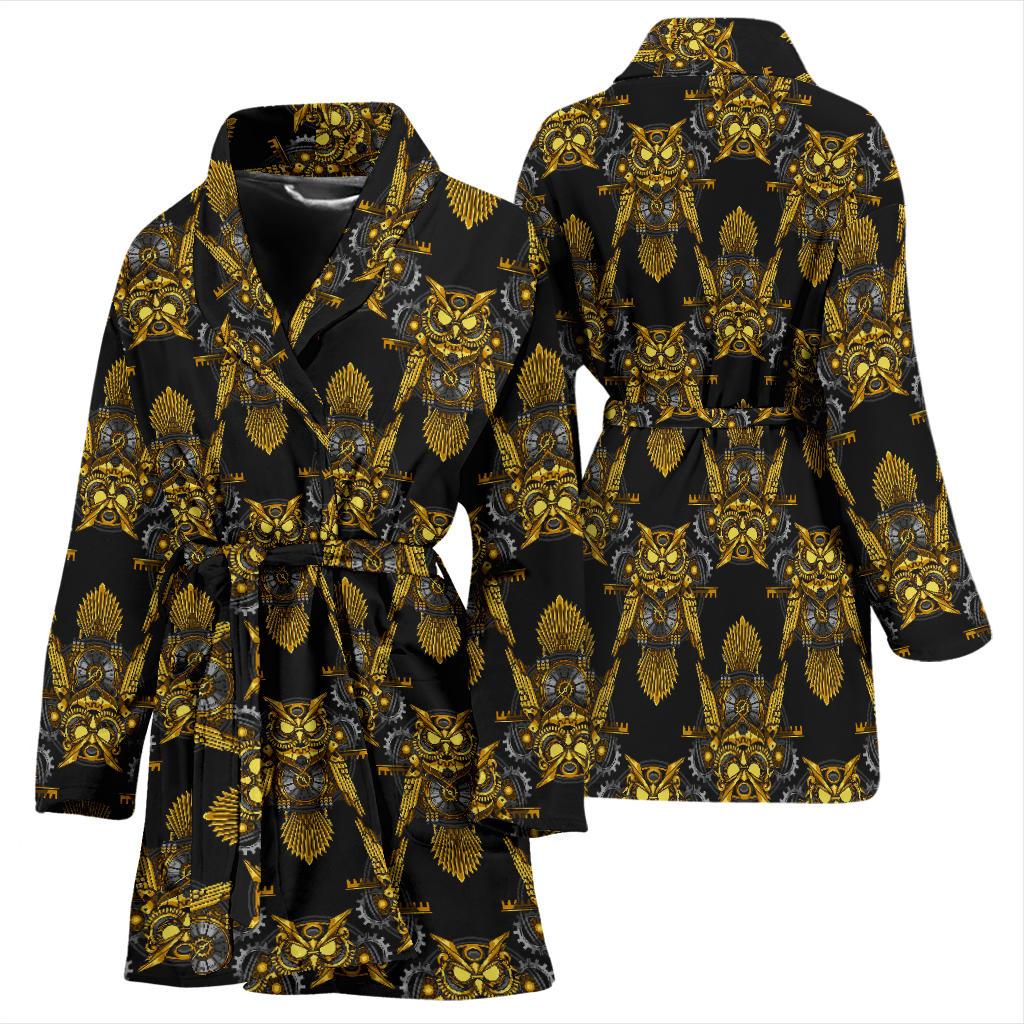 Steampunk Gold Owl Design Themed Print Women Bath Robe-JTAMIGO.COM
