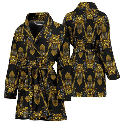 Steampunk Gold Owl Design Themed Print Women Bath Robe-JTAMIGO.COM