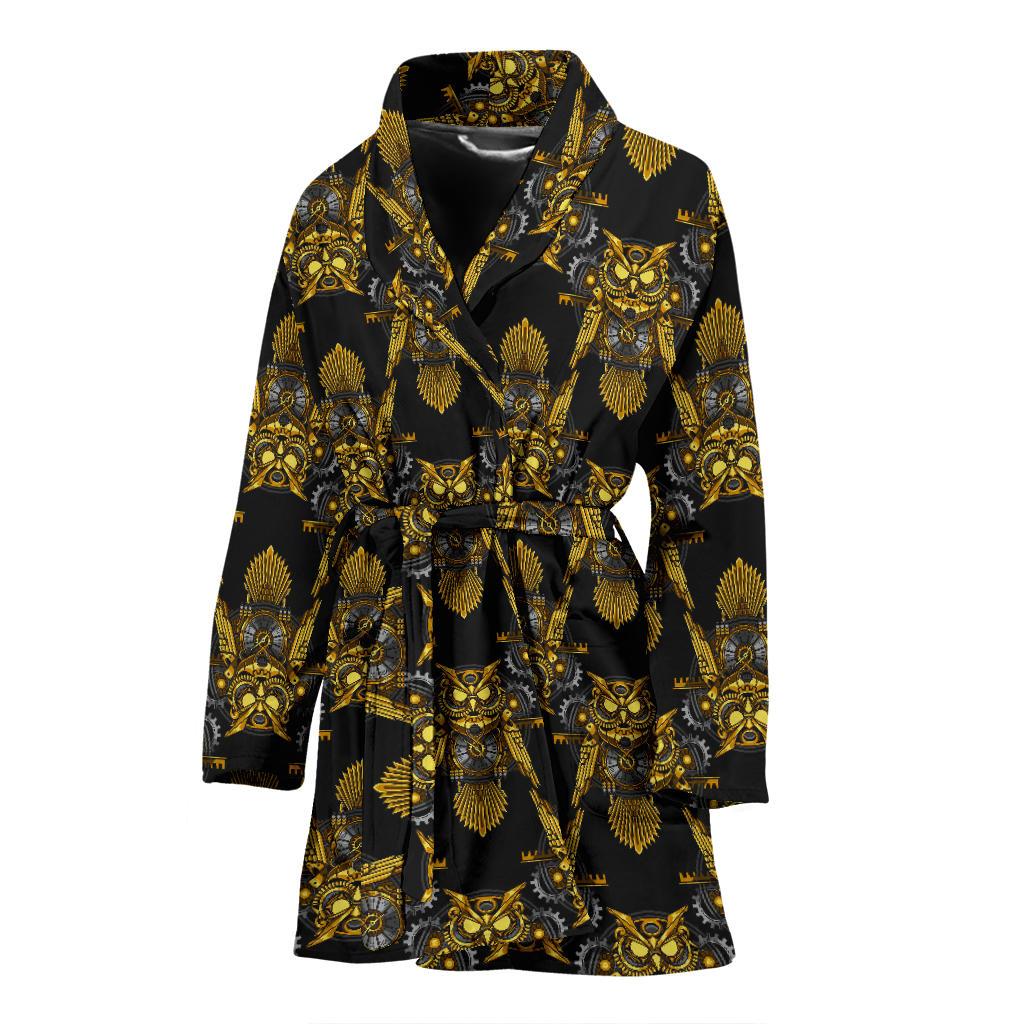 Steampunk Gold Owl Design Themed Print Women Bath Robe-JTAMIGO.COM