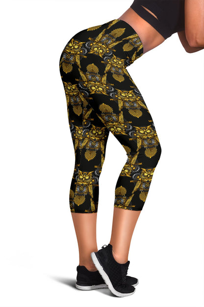 Steampunk Gold Owl Design Themed Print Women Capris