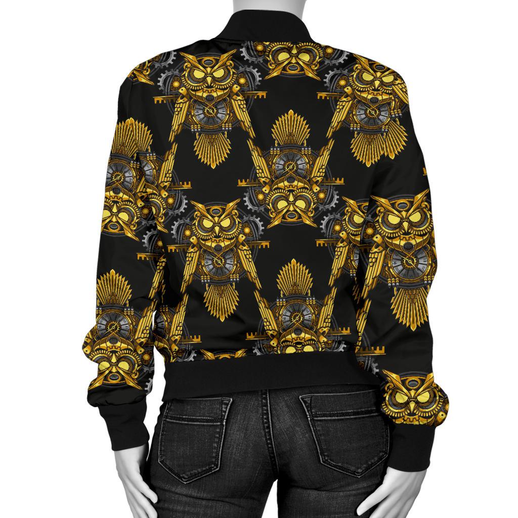 Steampunk Gold Owl Design Themed Print Women Casual Bomber Jacket