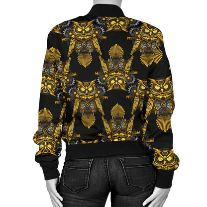 Steampunk Gold Owl Design Themed Print Women Casual Bomber Jacket