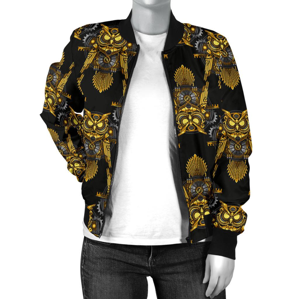 Steampunk Gold Owl Design Themed Print Women Casual Bomber Jacket