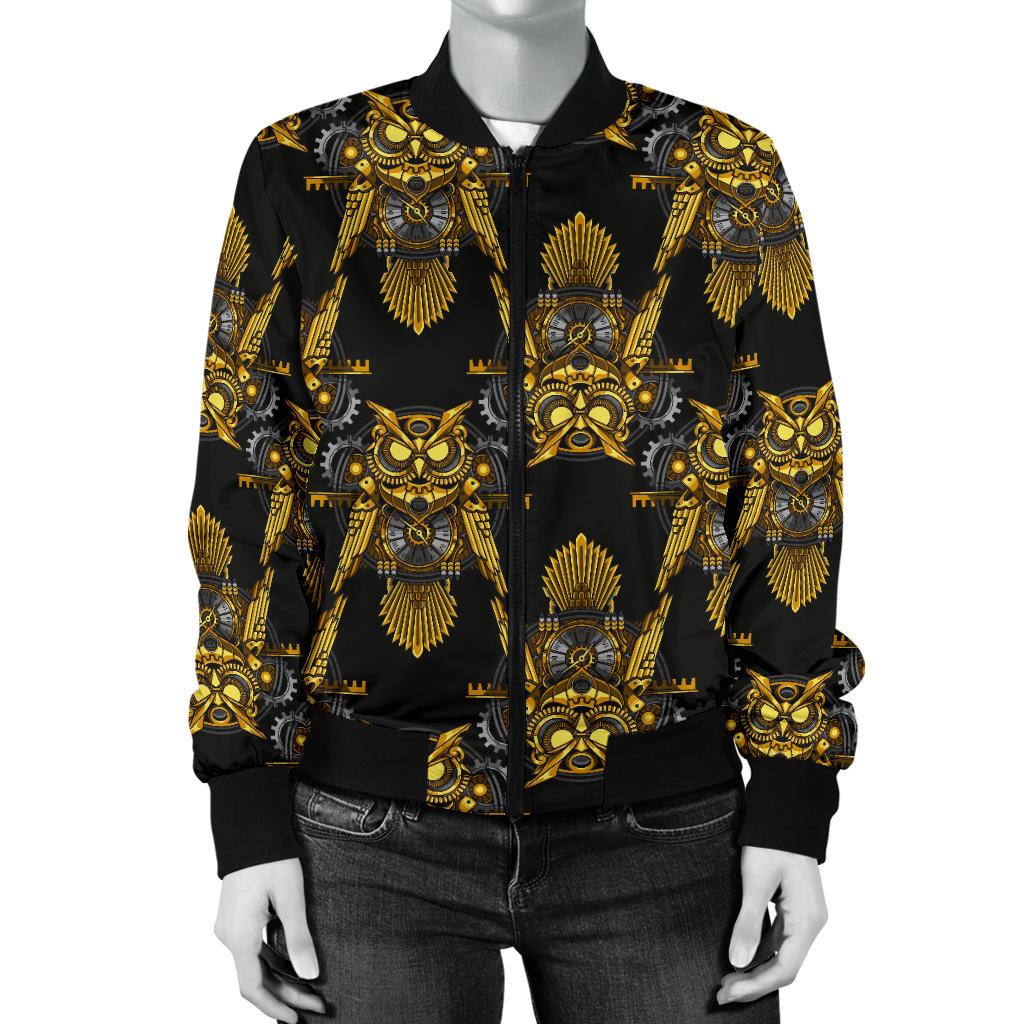 Steampunk Gold Owl Design Themed Print Women Casual Bomber Jacket