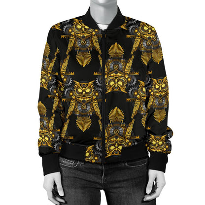 Steampunk Gold Owl Design Themed Print Women Casual Bomber Jacket