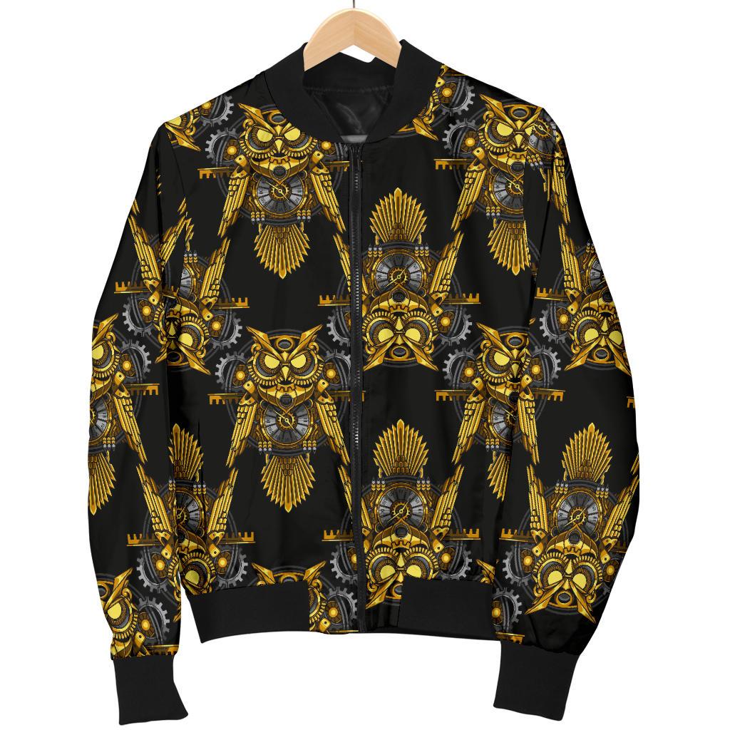 Steampunk Gold Owl Design Themed Print Women Casual Bomber Jacket
