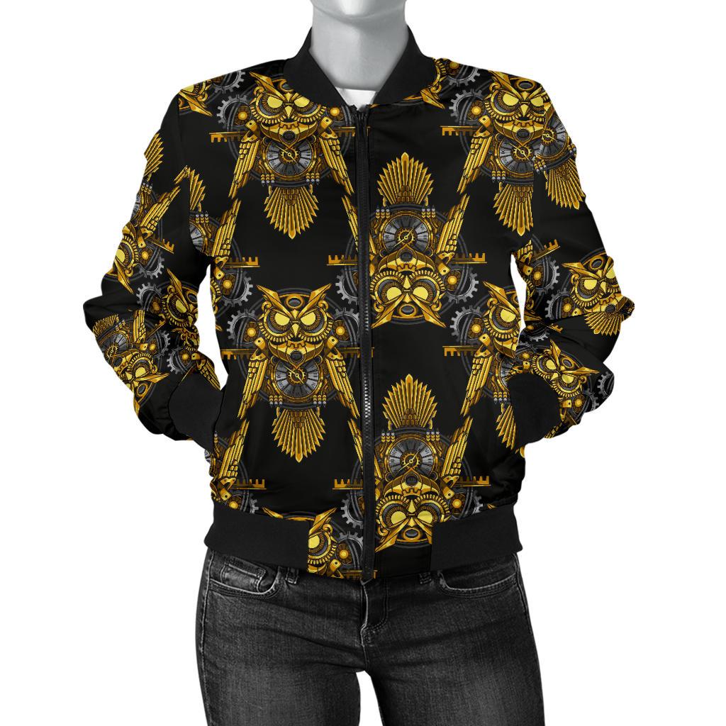 Steampunk Gold Owl Design Themed Print Women Casual Bomber Jacket
