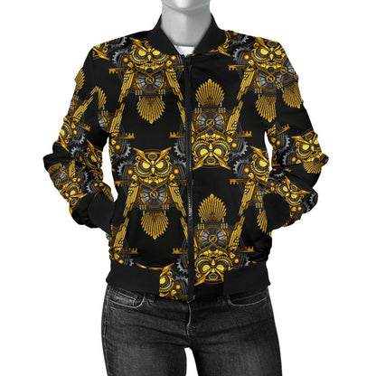 Steampunk Gold Owl Design Themed Print Women Casual Bomber Jacket