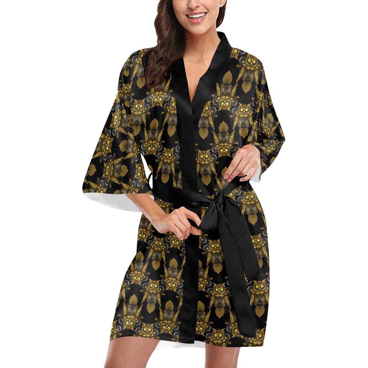 Steampunk Gold Owl Design Themed Print Women Short Kimono Robe