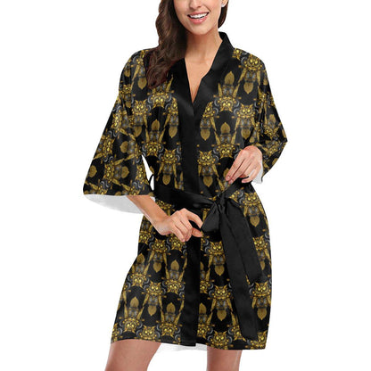 Steampunk Gold Owl Design Themed Print Women Short Kimono Robe
