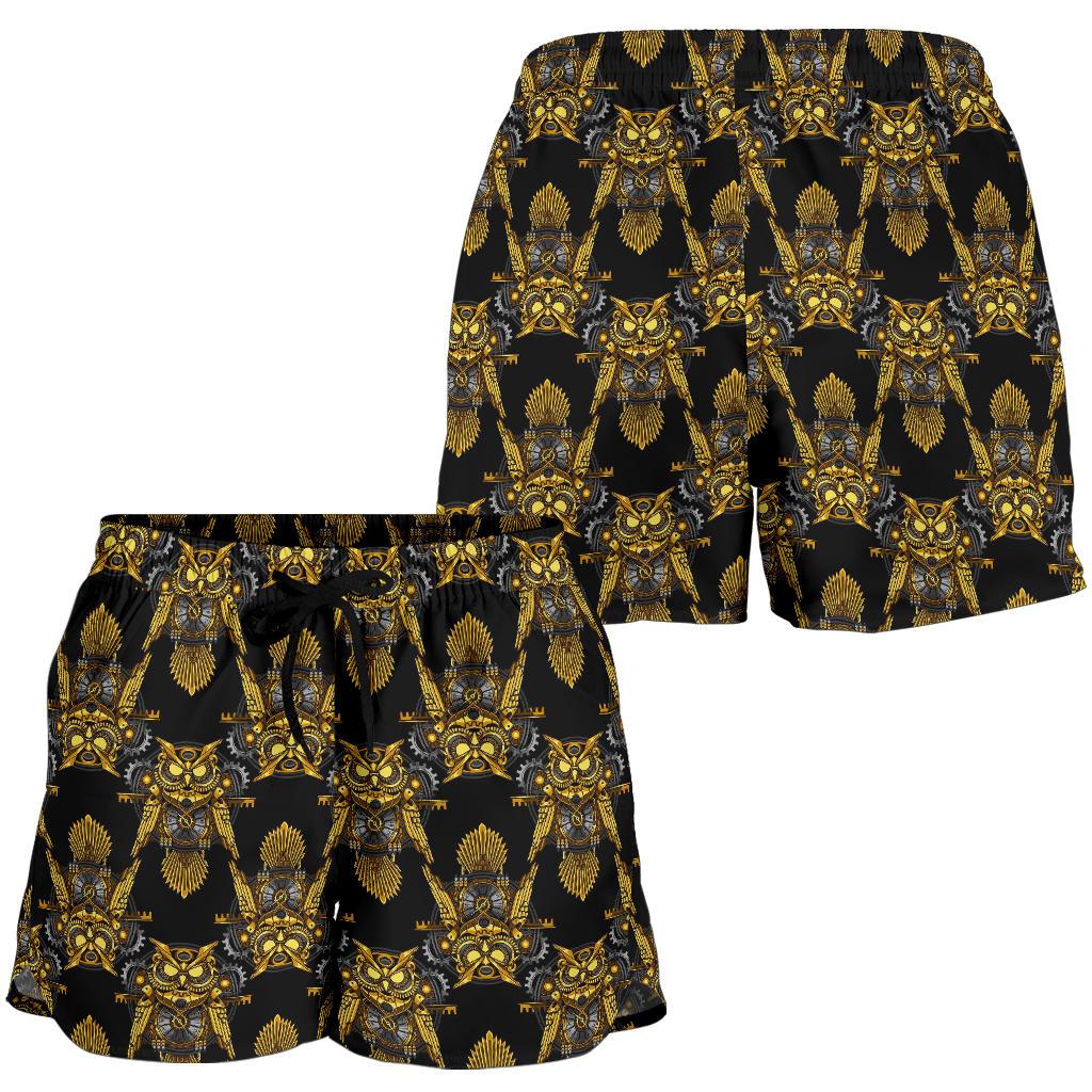 Steampunk Gold Owl Design Themed Print Women Shorts-JTAMIGO.COM