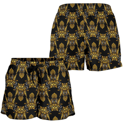 Steampunk Gold Owl Design Themed Print Women Shorts-JTAMIGO.COM