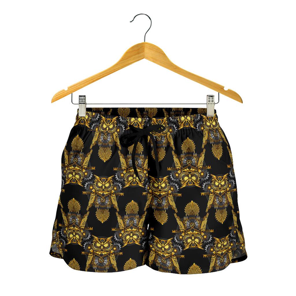 Steampunk Gold Owl Design Themed Print Women Shorts-JTAMIGO.COM