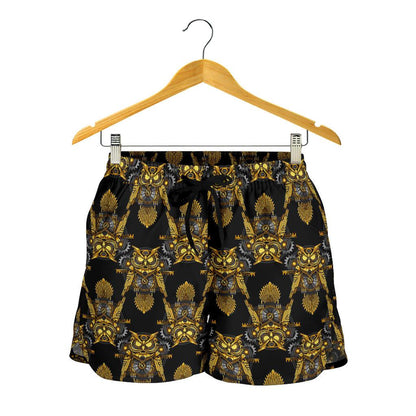 Steampunk Gold Owl Design Themed Print Women Shorts-JTAMIGO.COM