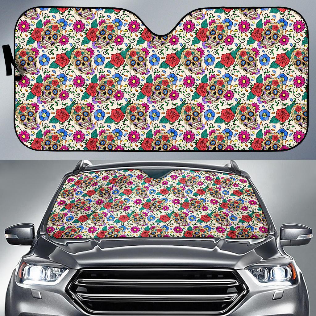 Sugar Skull Colorful Themed Print Car Sun Shade For Windshield