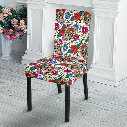 Sugar Skull Colorful Themed Print Dining Chair Slipcover-JTAMIGO.COM