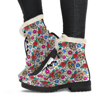 Sugar Skull Colorful Themed Print Faux Fur Leather Boots-JTAMIGO.COM