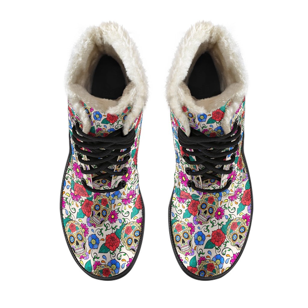 Sugar Skull Colorful Themed Print Faux Fur Leather Boots-JTAMIGO.COM