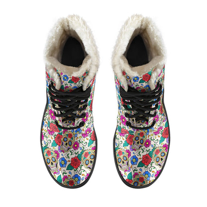 Sugar Skull Colorful Themed Print Faux Fur Leather Boots-JTAMIGO.COM
