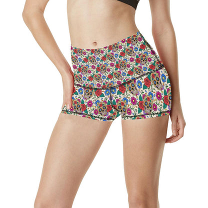 Sugar Skull Colorful Themed Print High Waisted Spandex Shorts-JTAMIGO.COM