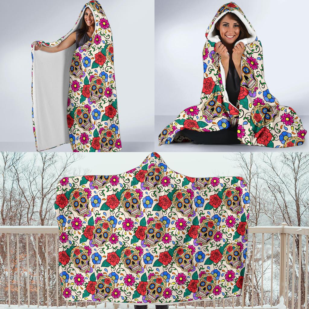 Sugar Skull Colorful Themed Print Hooded Blanket-JTAMIGO.COM