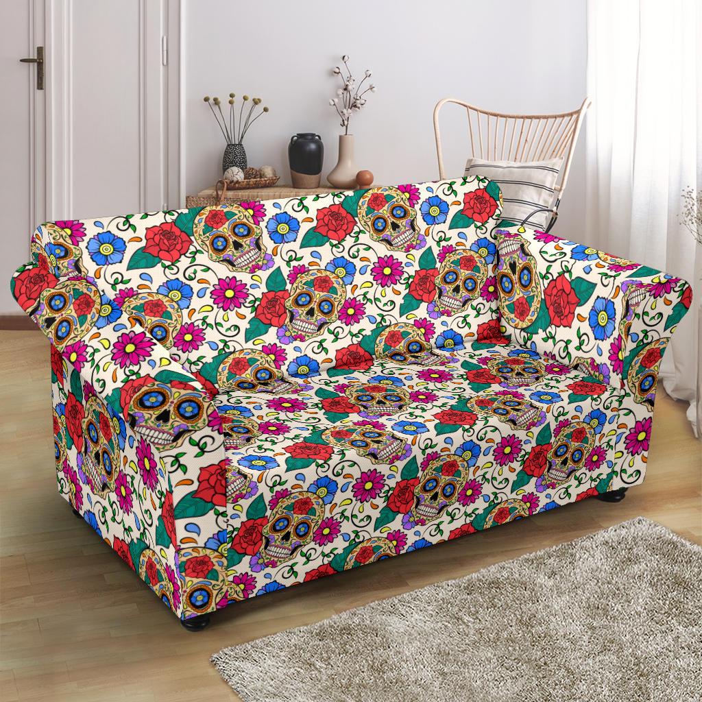 Sugar Skull Colorful Themed Print Loveseat Slipcover-JTAMIGO.COM