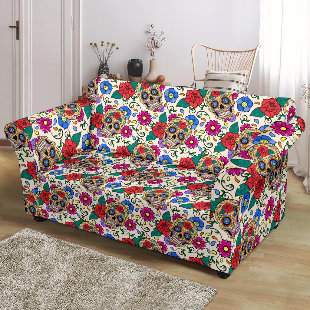 Sugar Skull Colorful Themed Print Loveseat Slipcover-JTAMIGO.COM