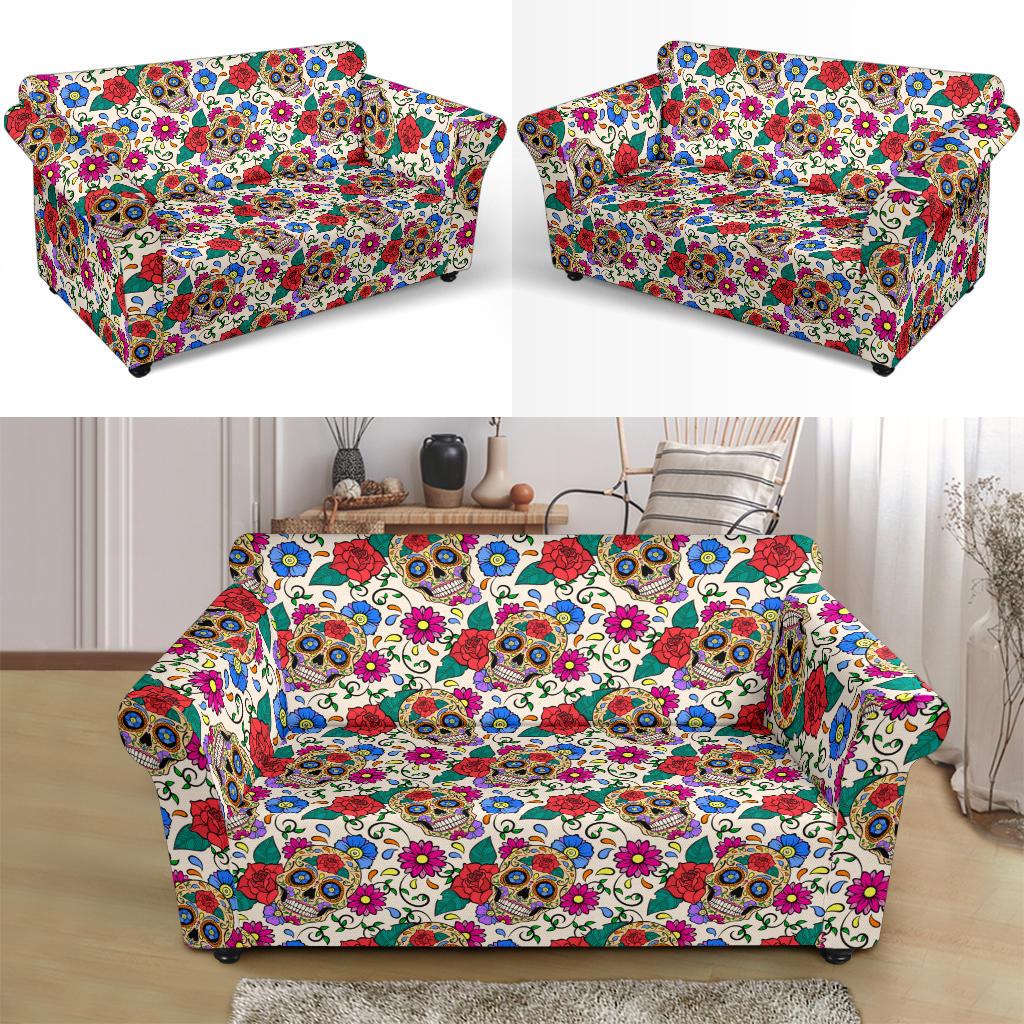 Sugar Skull Colorful Themed Print Loveseat Slipcover-JTAMIGO.COM