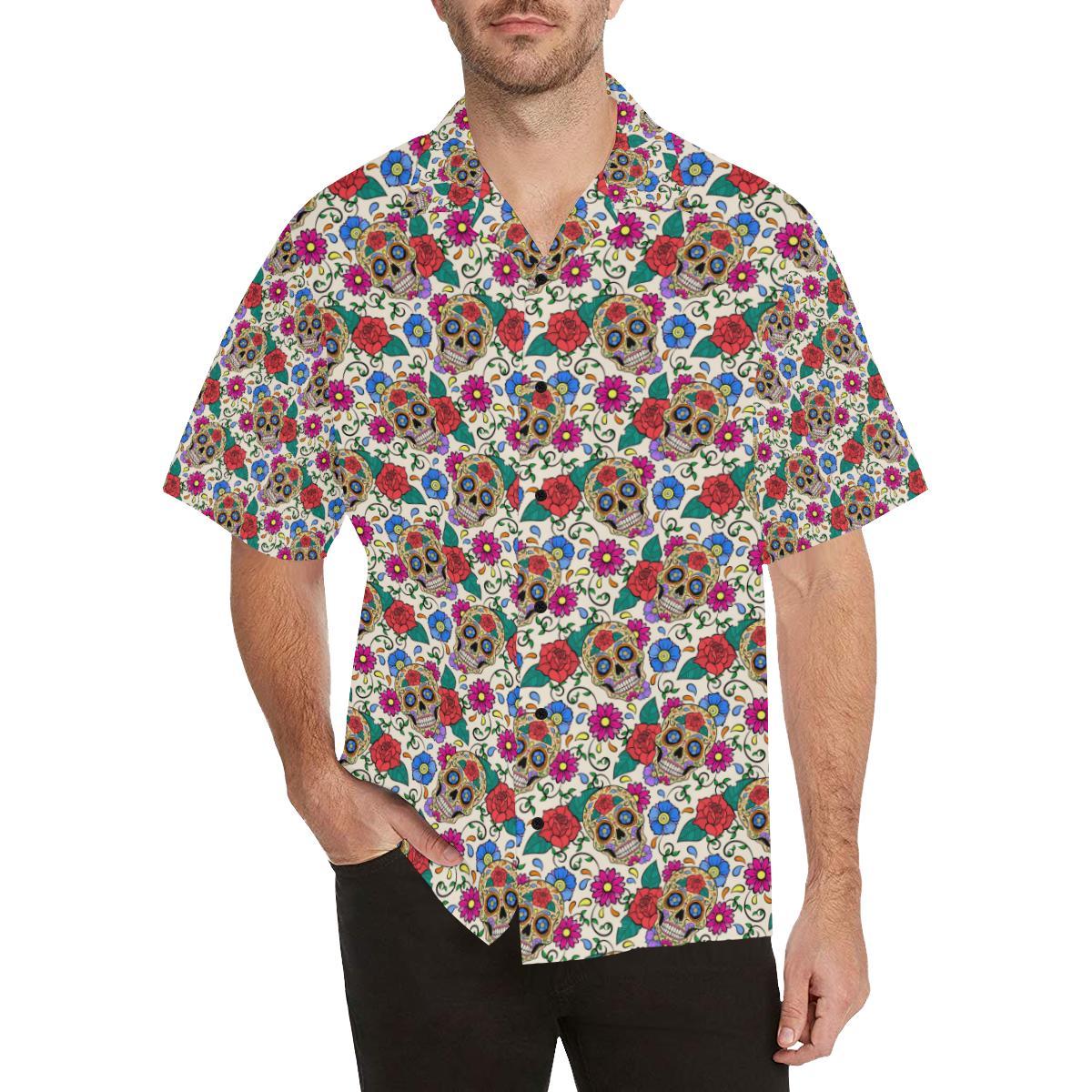 Sugar Skull Colorful Themed Print Men Aloha Hawaiian Shirt