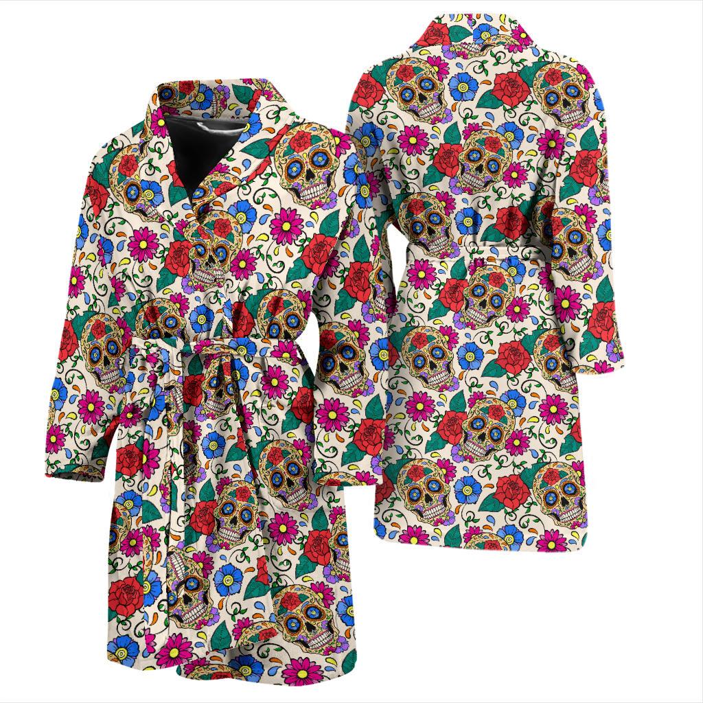 Sugar Skull Colorful Themed Print Men Bath Robe-JTAMIGO.COM