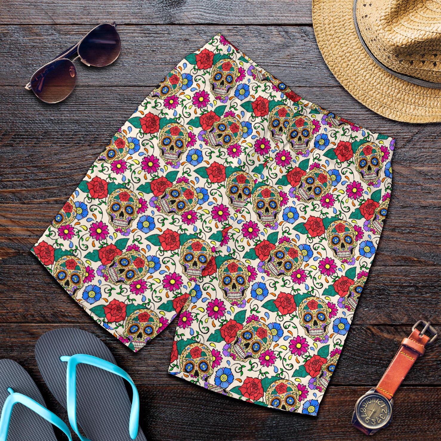 Sugar Skull Colorful Themed Print Mens Shorts-JTAMIGO.COM