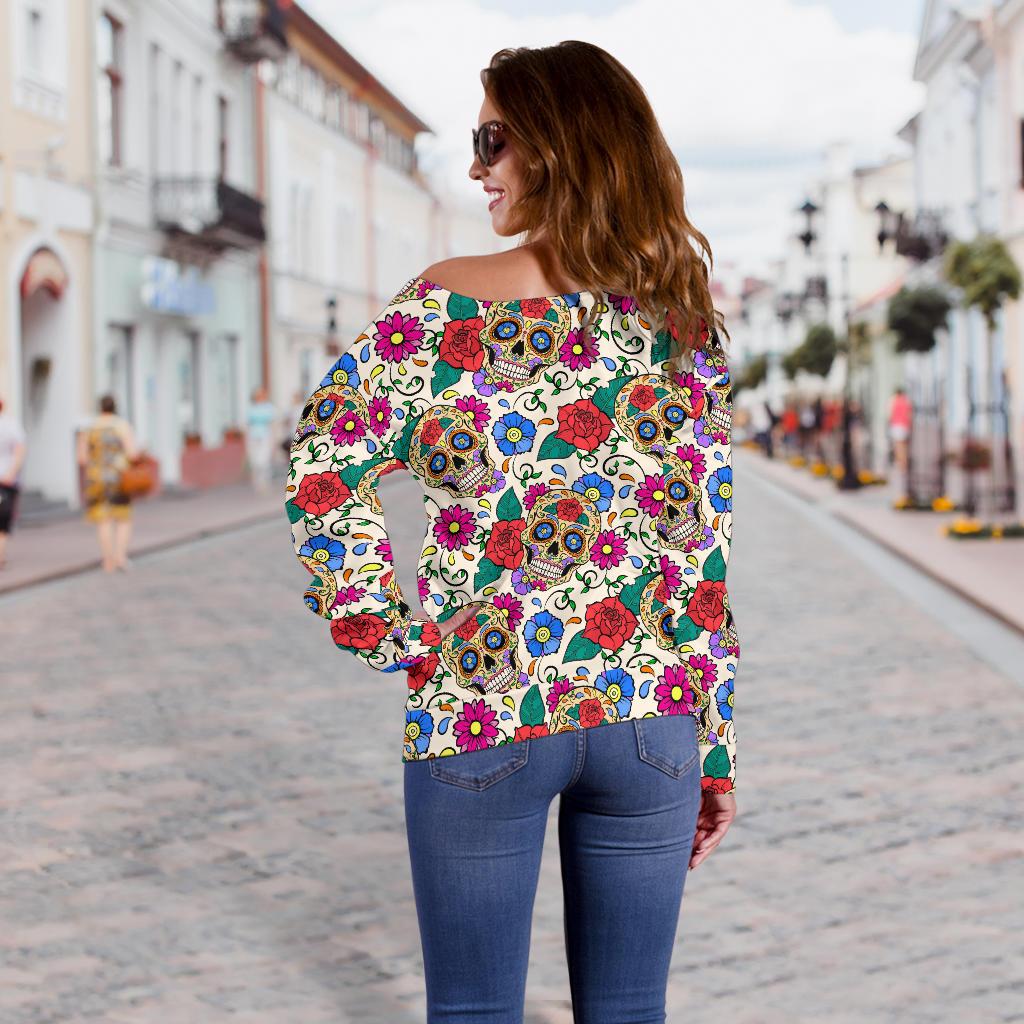 Sugar Skull Colorful Themed Print Off Shoulder Sweatshirt