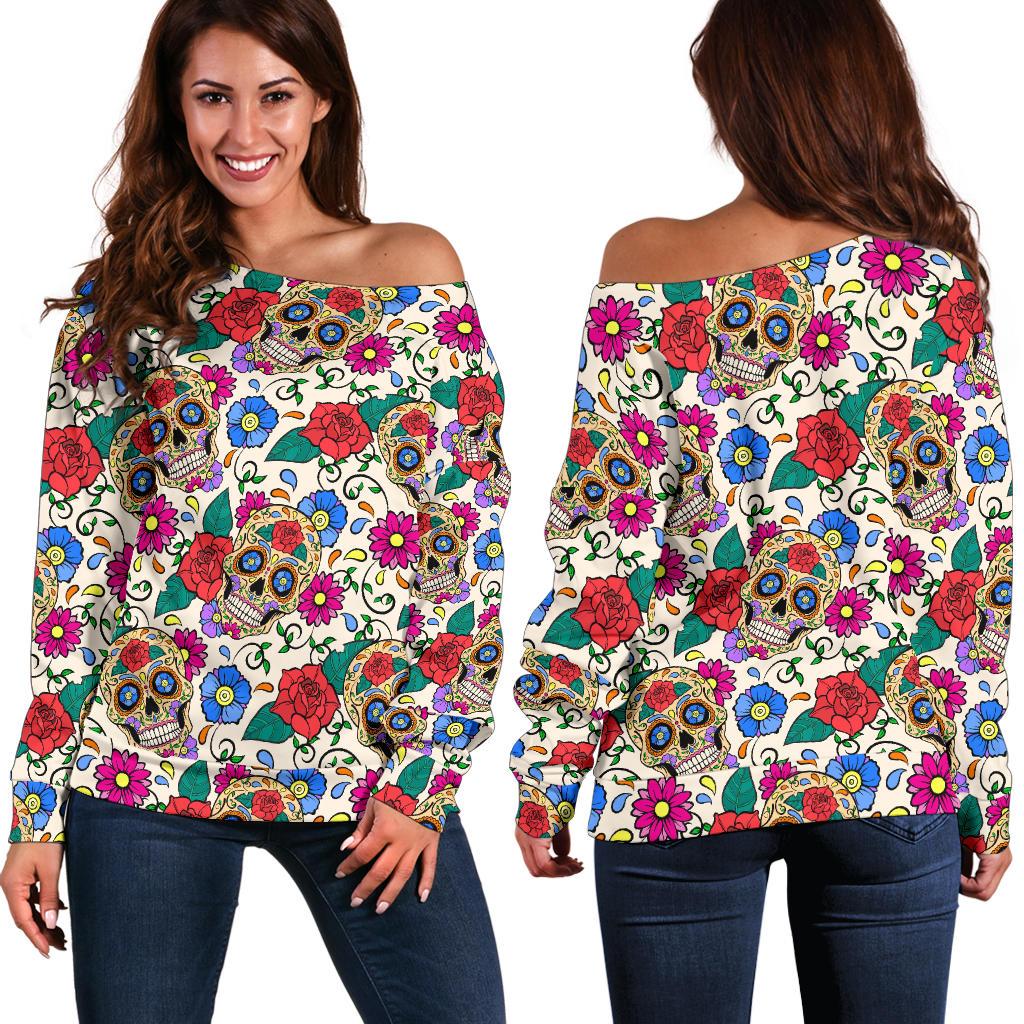 Sugar Skull Colorful Themed Print Off Shoulder Sweatshirt
