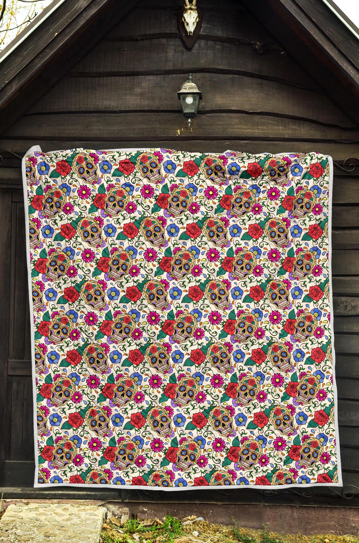 Sugar Skull Colorful Themed Print Premium Quilt-JTAMIGO.COM