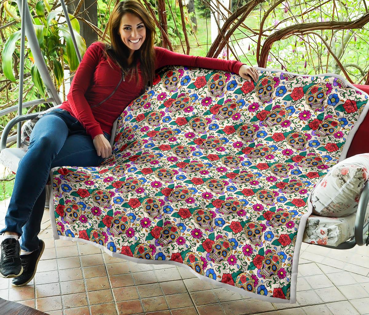 Sugar Skull Colorful Themed Print Premium Quilt-JTAMIGO.COM