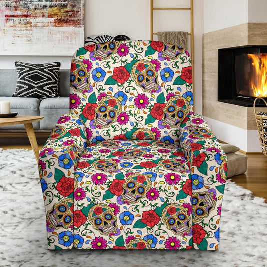Sugar Skull Colorful Themed Print Single Sofa Slipcover -JTAMIGO.COM