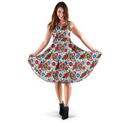 Sugar Skull Colorful Themed Print Sleeveless Dress