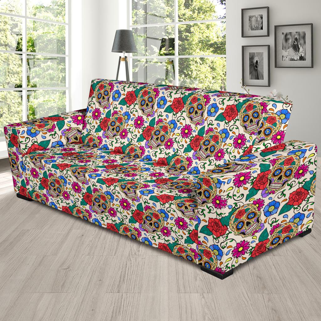 Sugar Skull Colorful Themed Print Sofa Slipcover-JTAMIGO.COM