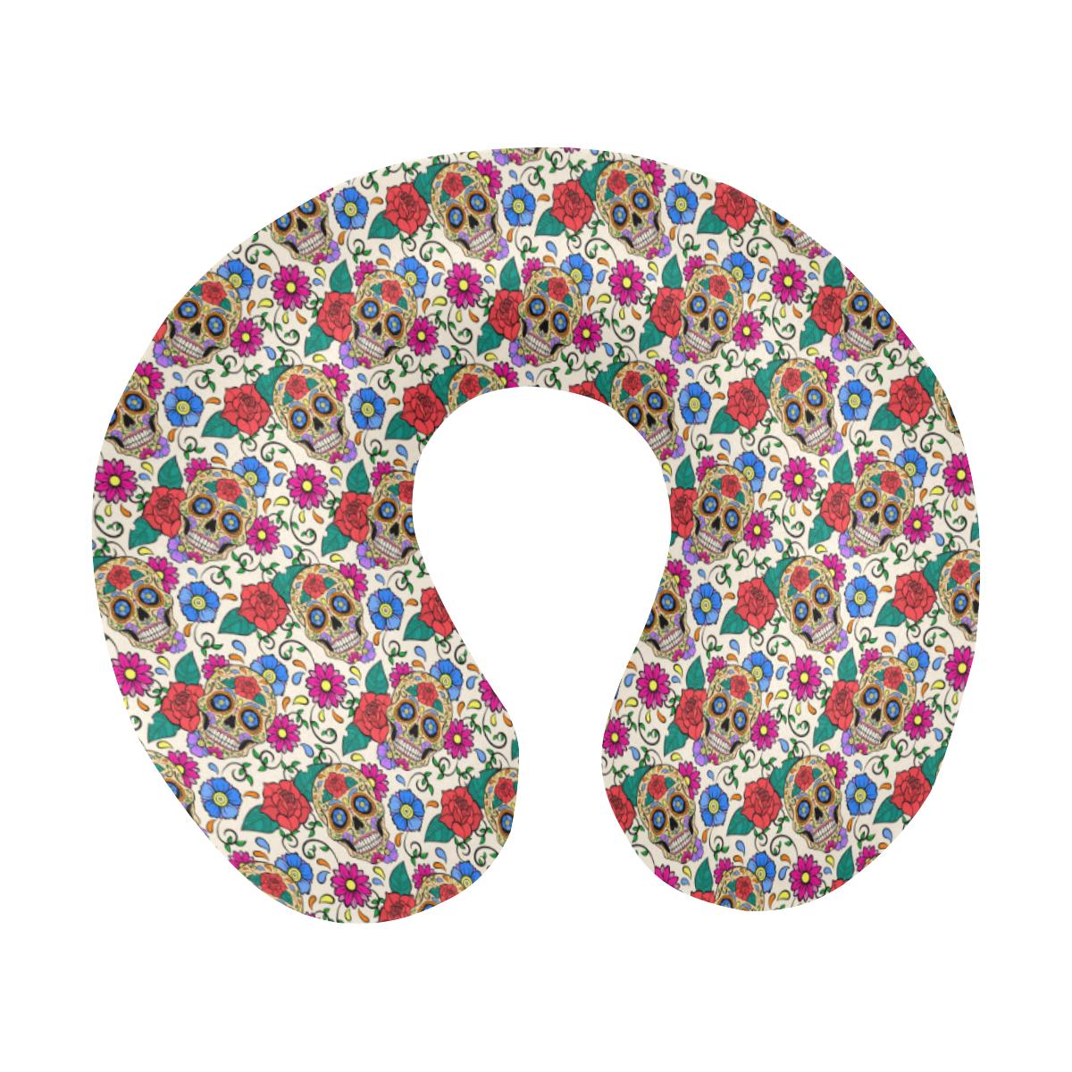 Sugar Skull Colorful Themed Print U-Shaped Travel Neck Pillow-JTAMIGO.COM