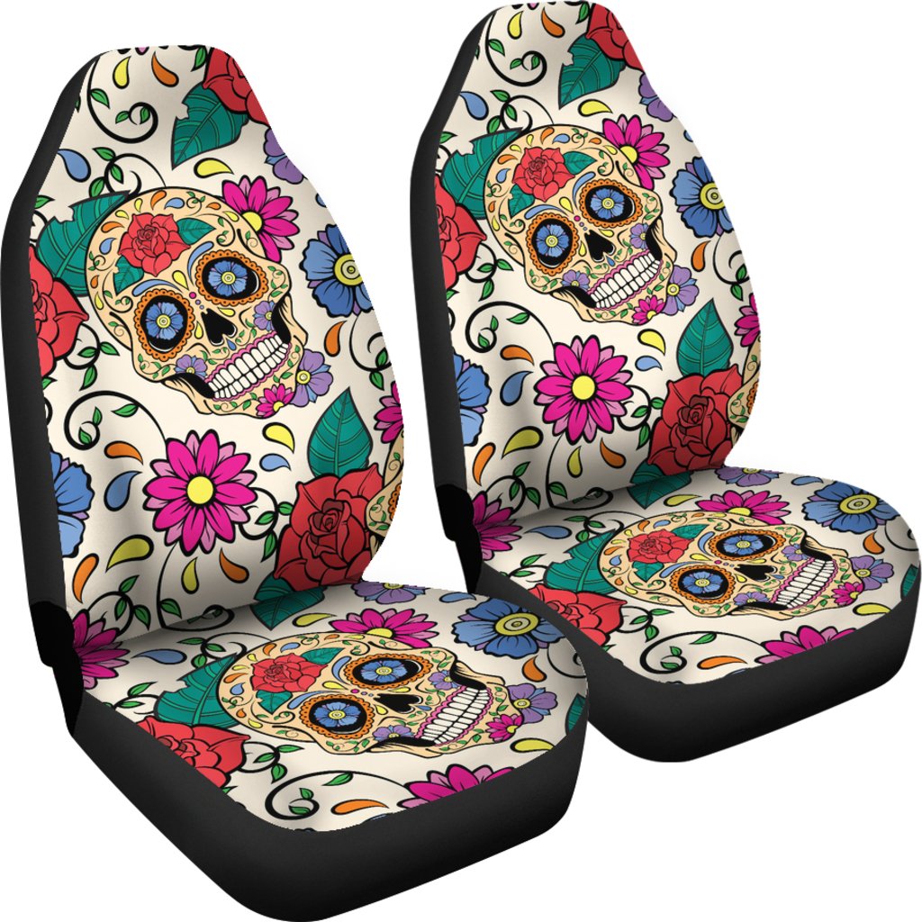 Sugar Skull Colorful Themed Print Universal Fit Car Seat Covers