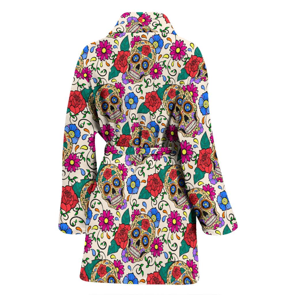 Sugar Skull Colorful Themed Print Women Bath Robe-JTAMIGO.COM