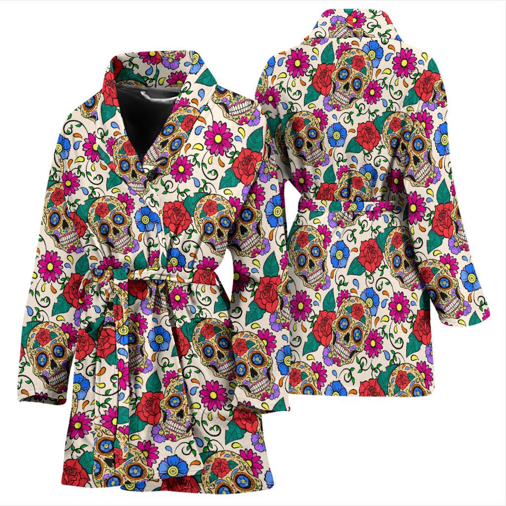 Sugar Skull Colorful Themed Print Women Bath Robe-JTAMIGO.COM