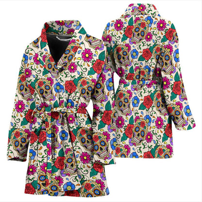 Sugar Skull Colorful Themed Print Women Bath Robe-JTAMIGO.COM