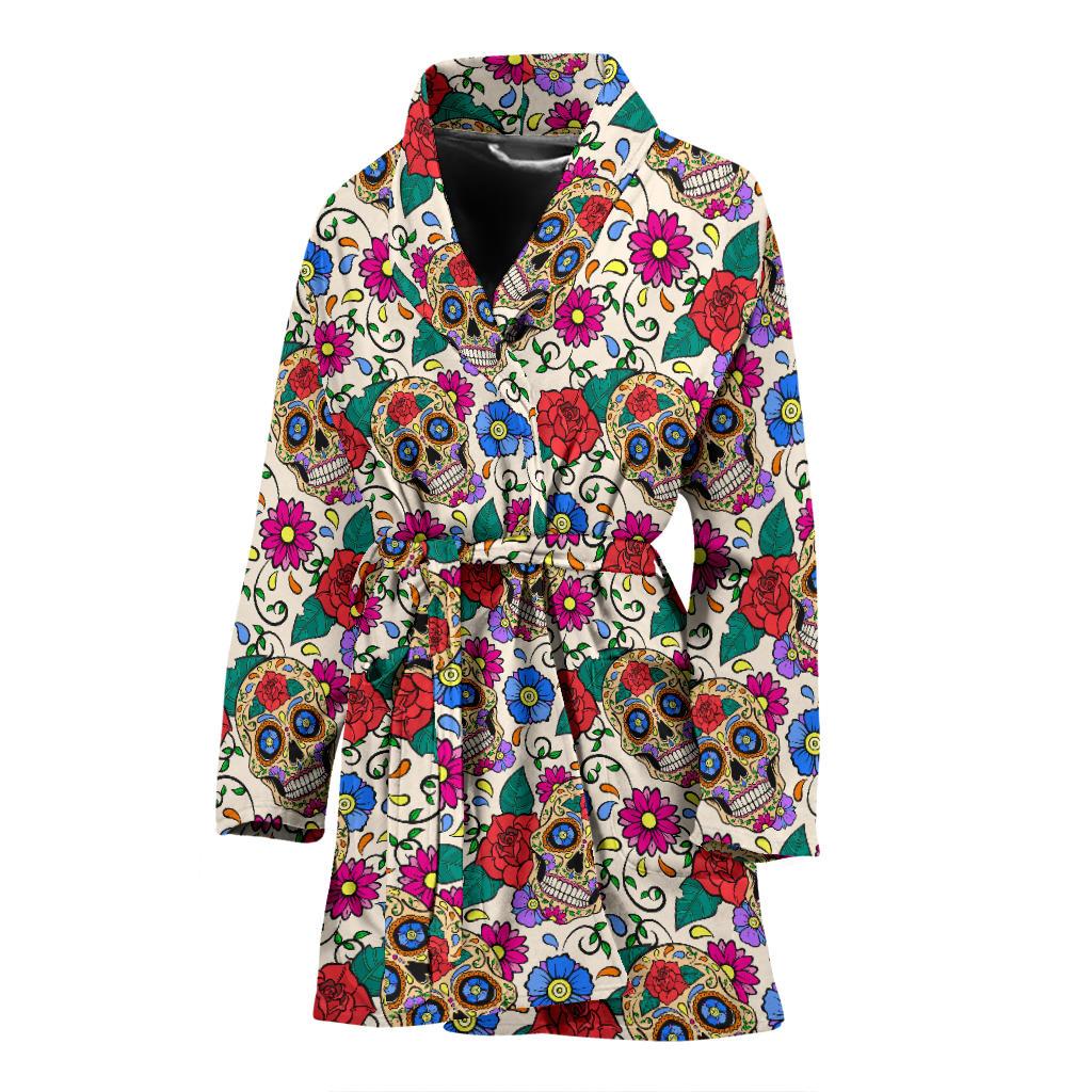 Sugar Skull Colorful Themed Print Women Bath Robe-JTAMIGO.COM