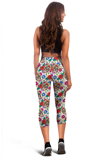 Sugar Skull Colorful Themed Print Women Capris