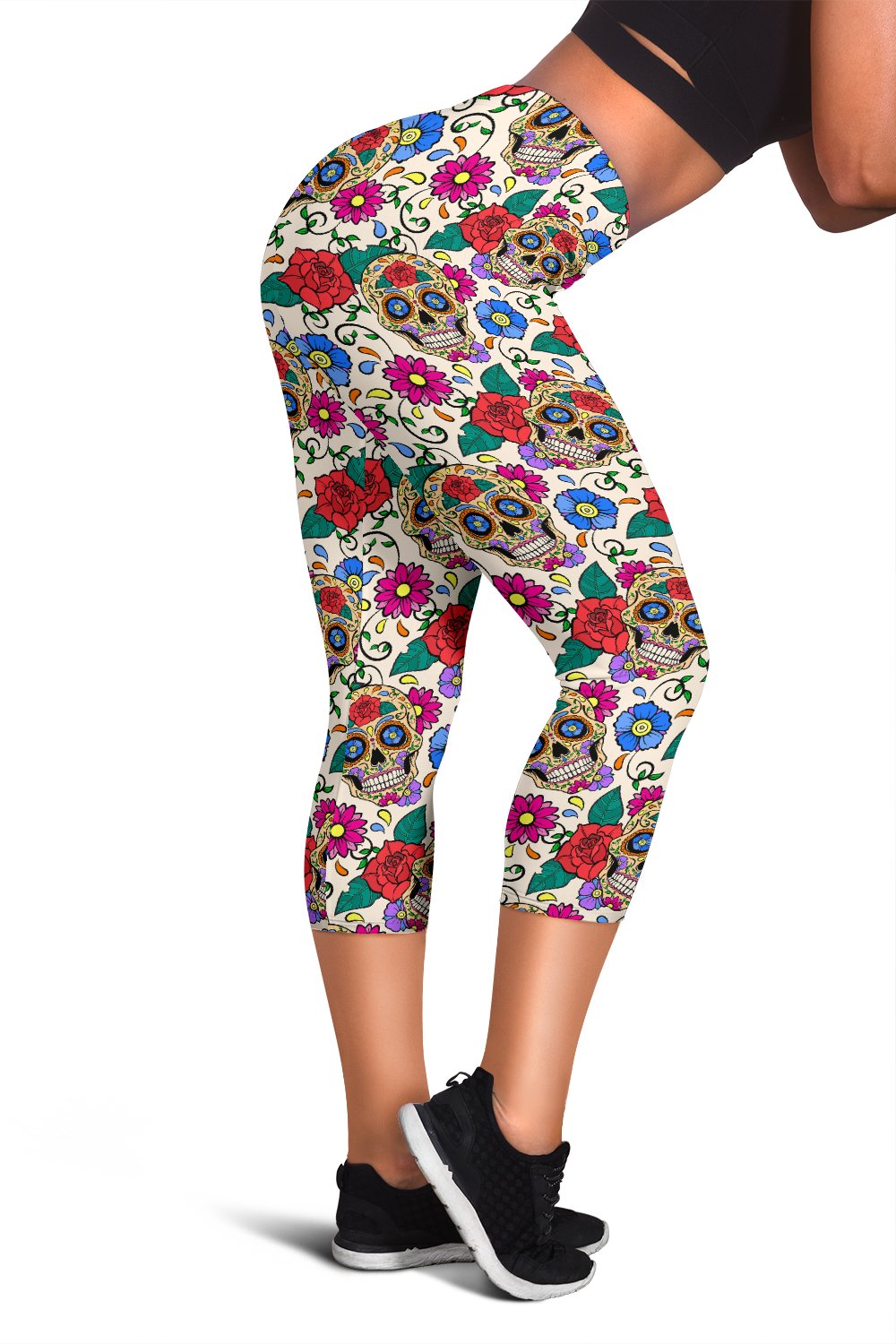 Sugar Skull Colorful Themed Print Women Capris