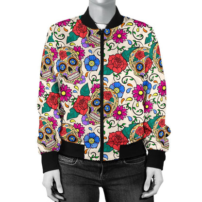 Sugar Skull Colorful Themed Print Women Casual Bomber Jacket