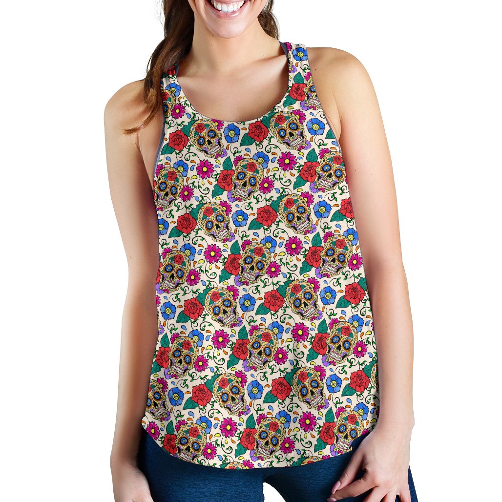 Sugar Skull Colorful Themed Print Women Racerback Tank Top