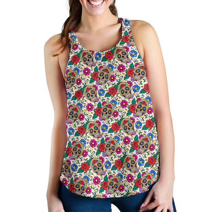 Sugar Skull Colorful Themed Print Women Racerback Tank Top
